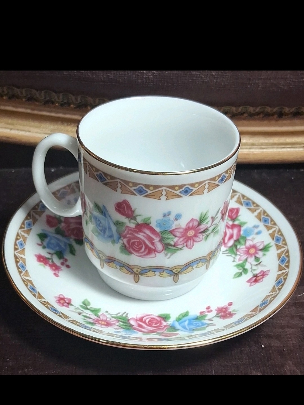 Floral Bone China Teacup & Saucer Set with Gold Trim - Pink & Blue Roses